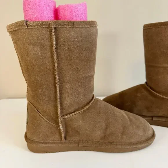 BearPaw Emma Short Boots Women 8 Brown Suede Sheepskin Wool Lined Pull On Winter - Picture 10 of 13